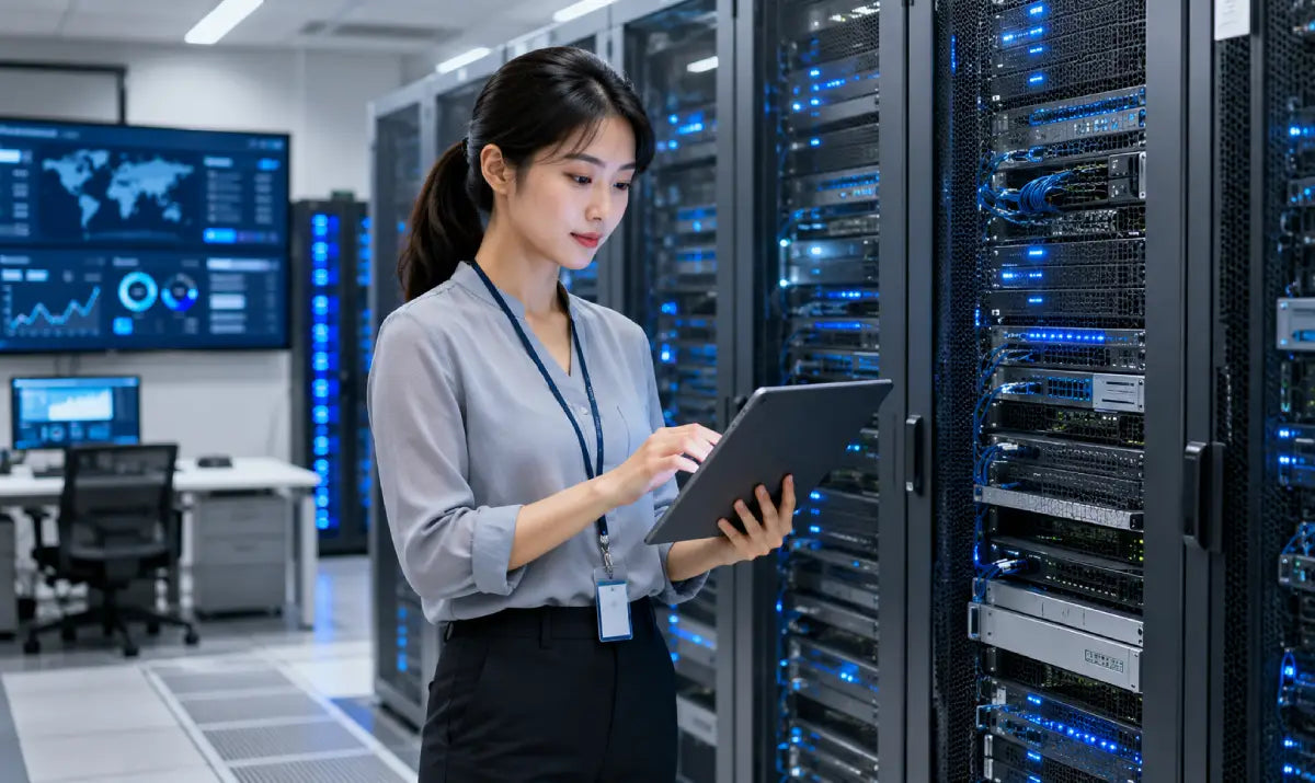 IT tech and security training in server room with systems monitoring dashboard