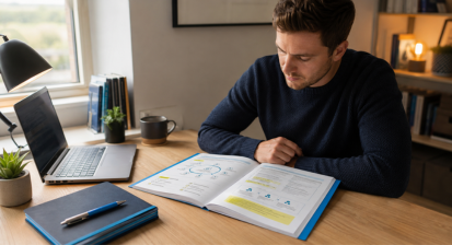 UK learner studying a Level 2 data protection and data security workbook at a modern professional desk