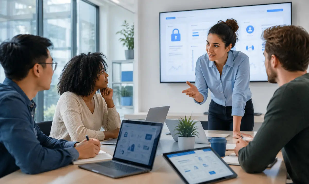 Workplace privacy training session with employees learning data handling best practice